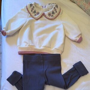 Embroidered Collared Baby Sweatshirt & Ribbed Leggings Set - Cream & Dusty Rose